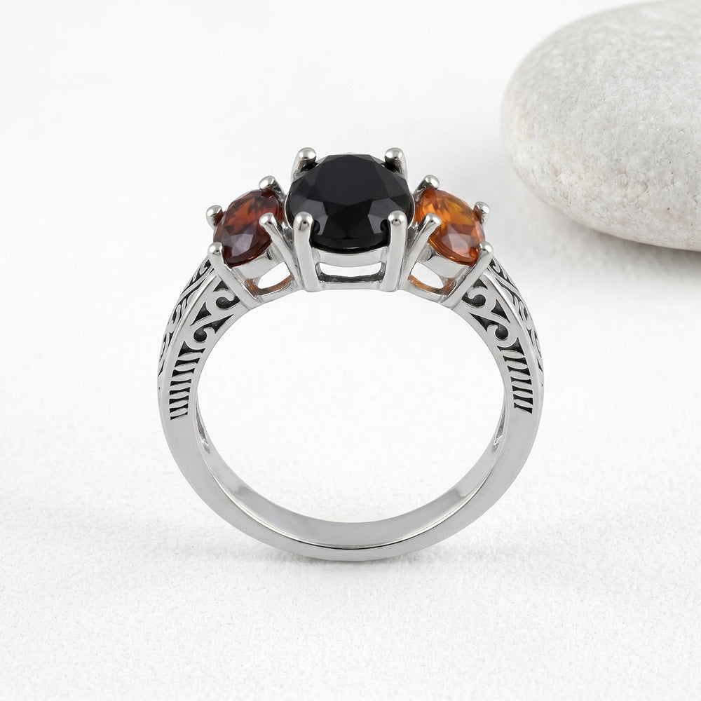 Vintage Scroll Pattern Three‑Stone Ring Cool Black Gemstone Red Gem Sterling Silver Statement Ring