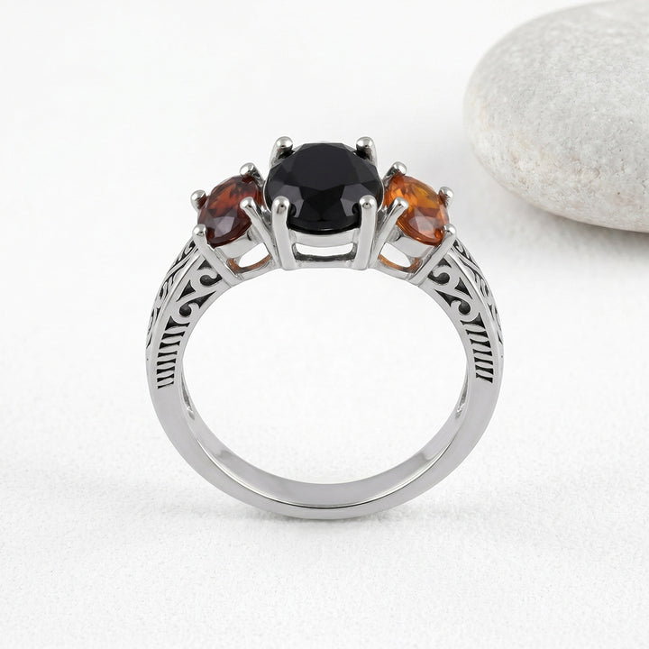 Vintage Scroll Pattern Three‑Stone Ring Cool Black Gemstone Red Gem Sterling Silver Statement Ring