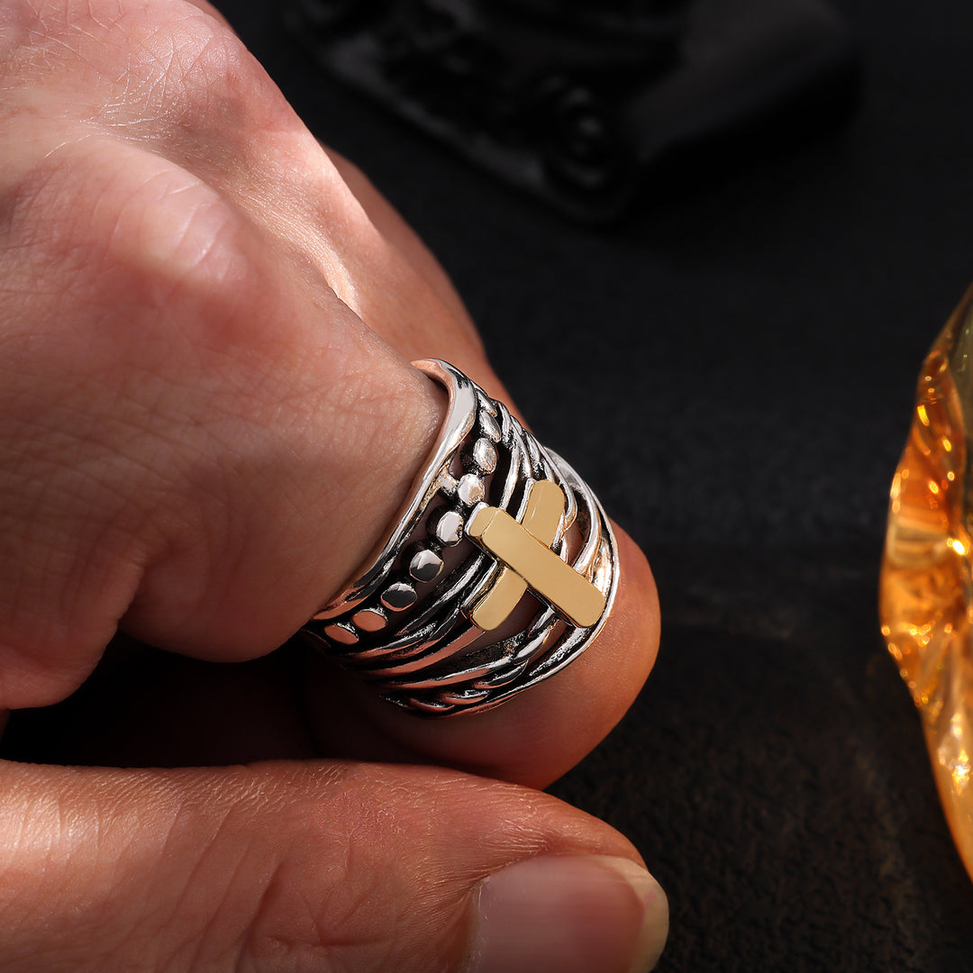 Cross Multi Band Wide Statement Ring Two Tone Layered Twisted Band Faith Religious Jewelry For Women Men