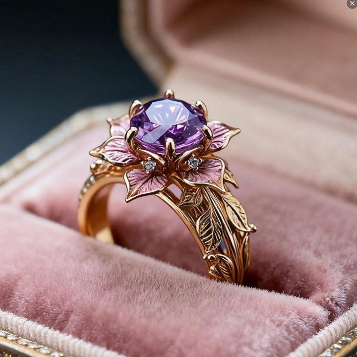 Floral Purple Gem Engagement Ring Nature Inspired Leaf Statement Ring Vintage Romantic Cocktail Ring For Women