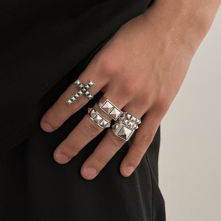 Silver Pyramid Stud Cross Five Piece Ring Set Punk Mens Adjustable Open Rings