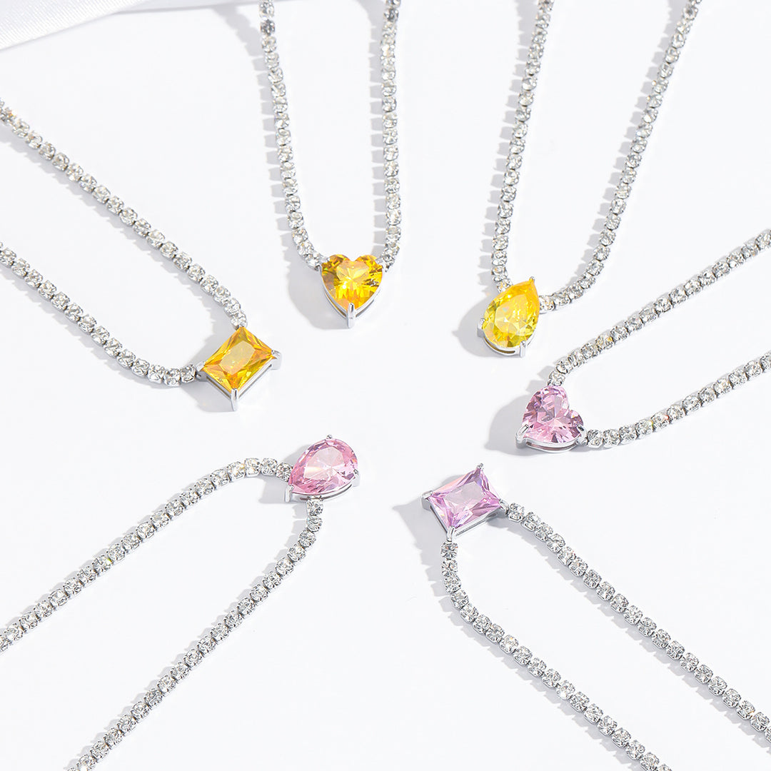Sterling Silver Tennis Necklace Multi Shape Color Gem Pendant Necklace With Diamond Chain