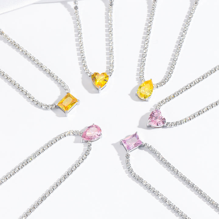 Sterling Silver Tennis Necklace Multi Shape Color Gem Pendant Necklace With Diamond Chain