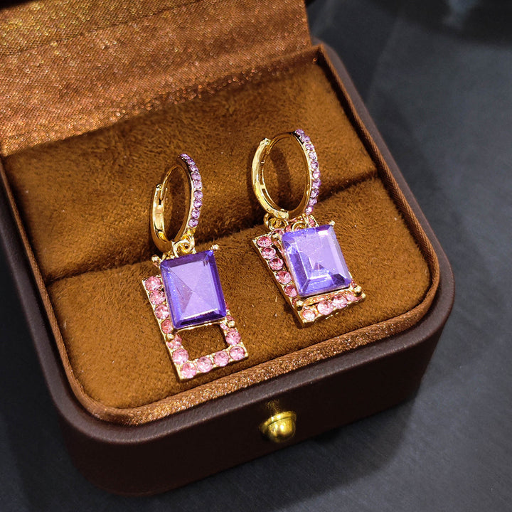 Geometric Square Drop Jewelry Earrings Purple Stone Dangle Hoop Earrings For Women Fashion Party Ear Ornaments