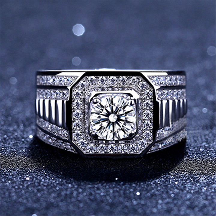 Luxury Wide Square Halo Center Stone Mens Diamond Band