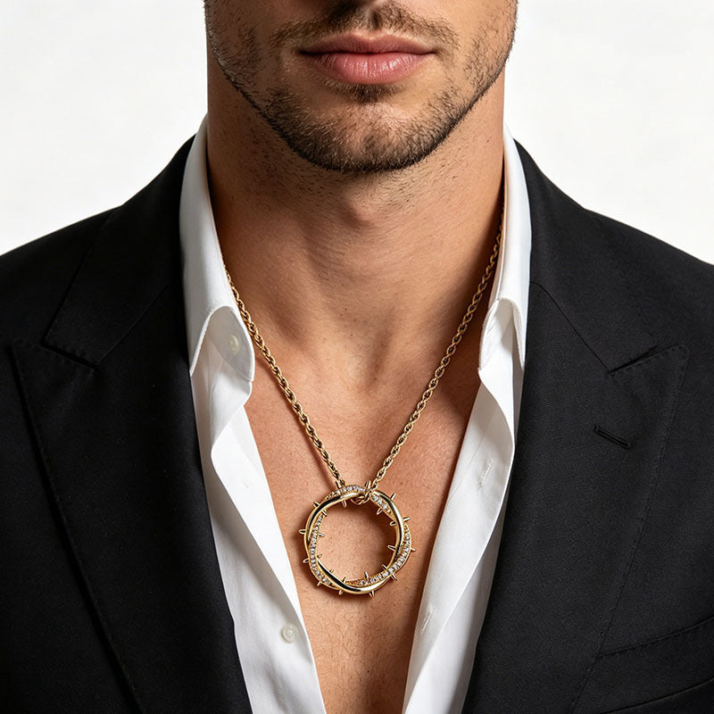 Crown of Thorns Twisted Circle Pendant Necklace Pavé Diamond Inlaid Rope Chain Statement Edgy Unisex Trendy Pendant Jewelry Gift