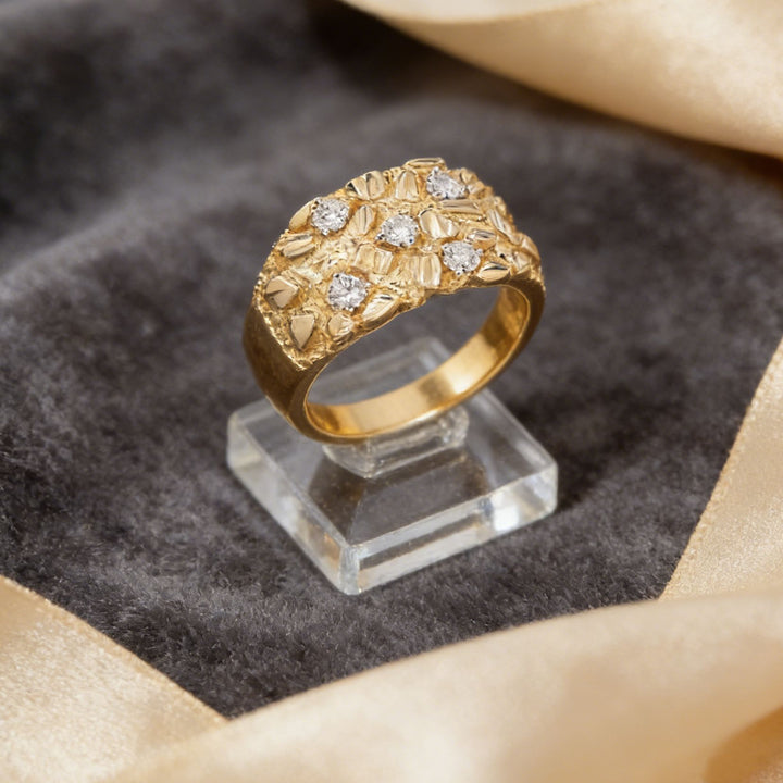 Vintage Textured Relief Paved Diamond Wide Band Ring Retro Chic Statement Ring