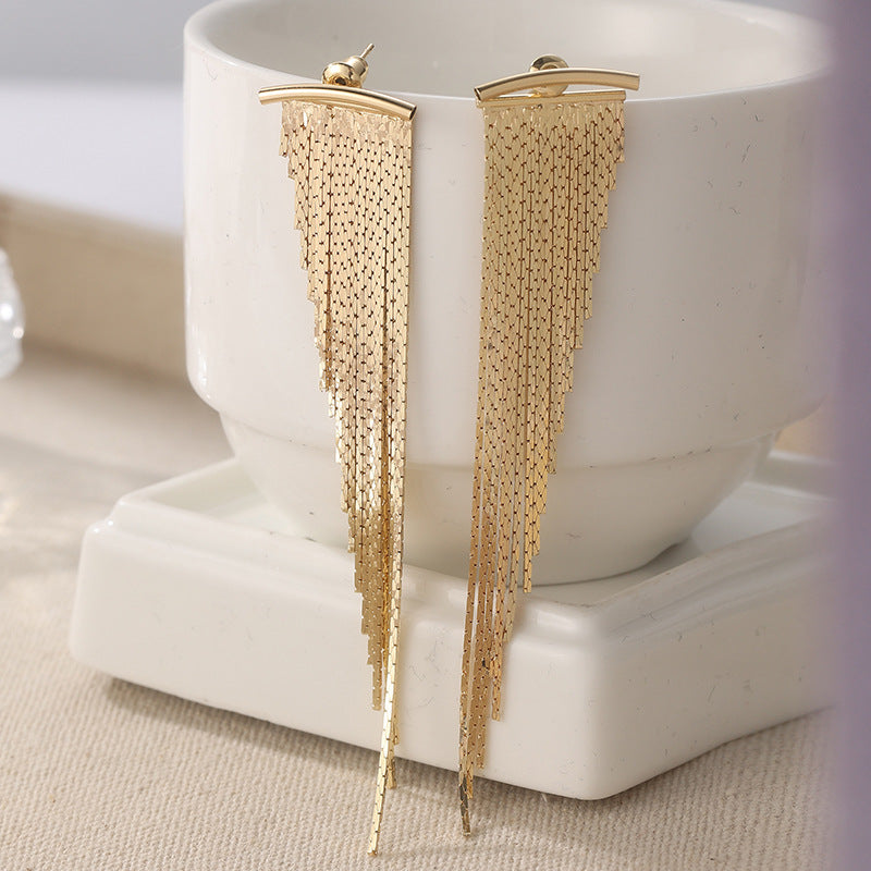 Sterling Silver Ear Post Long Tassel Earrings Atmospheric Slanted Metal Chain Drop Earrings Silver Gold Ambience Dangle Earrings