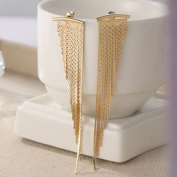 Sterling Silver Ear Post Long Tassel Earrings Atmospheric Slanted Metal Chain Drop Earrings Silver Gold Ambience Dangle Earrings