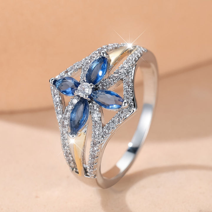 Blue Sapphire Marquise Crossover Ring Women Two Tone Diamond Geometric Statement Ring
