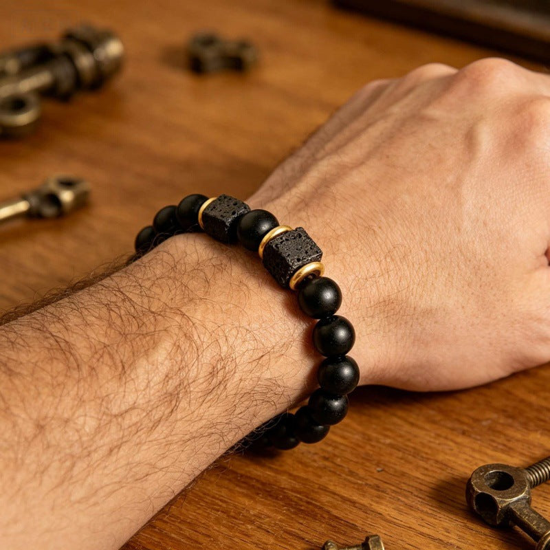 Men’s Elastic Bracelet With Obsidian Cube & Matte Black Onyx Beads Retro Contrast Spacer Bracelet