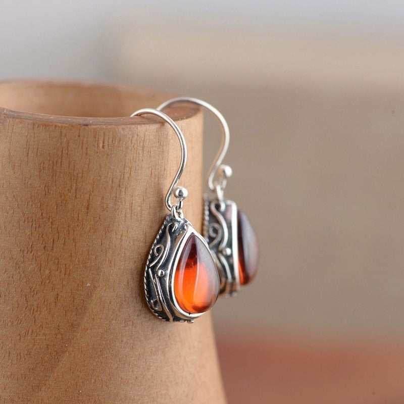 Vintage Teardrop Gem Dangle Earrings For Women Retro Carved Pattern Drop Ear Jewelry