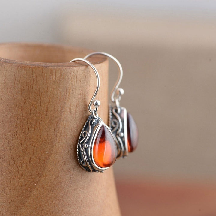 Vintage Teardrop Gem Dangle Earrings For Women Retro Carved Pattern Drop Ear Jewelry