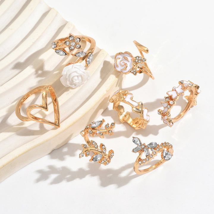 Vintage White Rose Hollow Heart Stackable Ring Set Elegant Floral Butterfly Rhinestone Layerable Finger Rings Aesthetic Statement Rings For Women