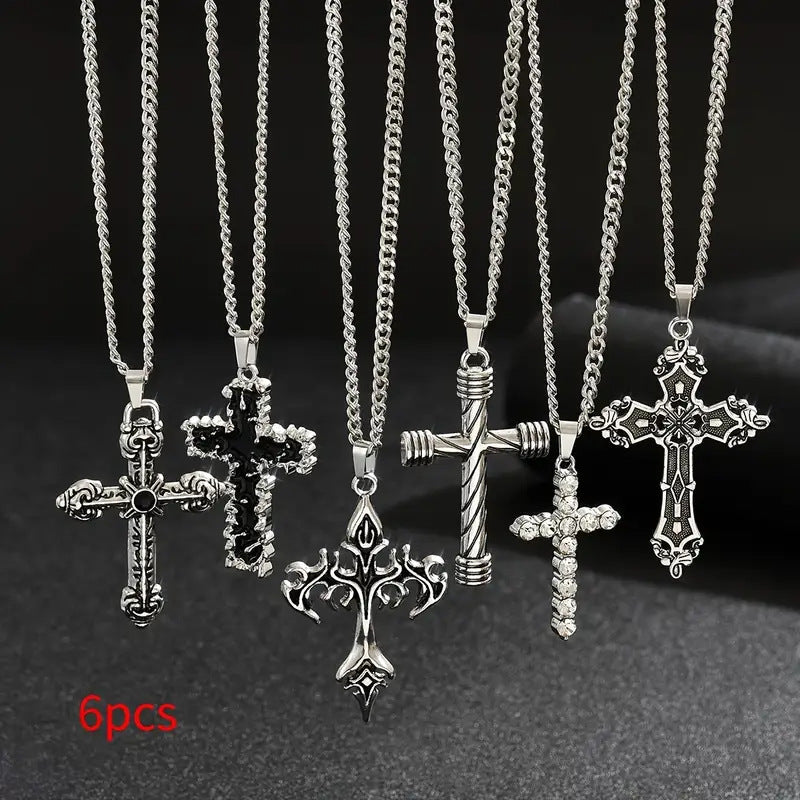 Vintage Cross Pendant Necklace Set Gothic Punk Layered Neck Chain Unisex Streetwear Statement Jewelry