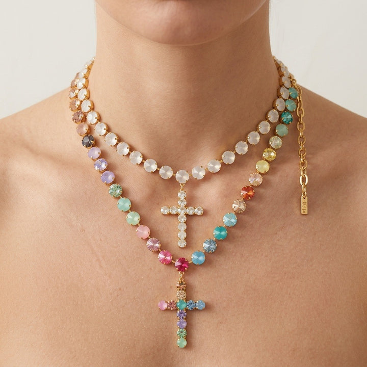 Pastel Rainbow Cross Tennis Necklace Women Colorful Crystal Gold Statement Jewelry Gift