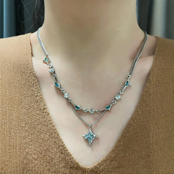 Dual‑Layer Stacked Star‑Motif Cool‑Tone Women’s Choker Necklace