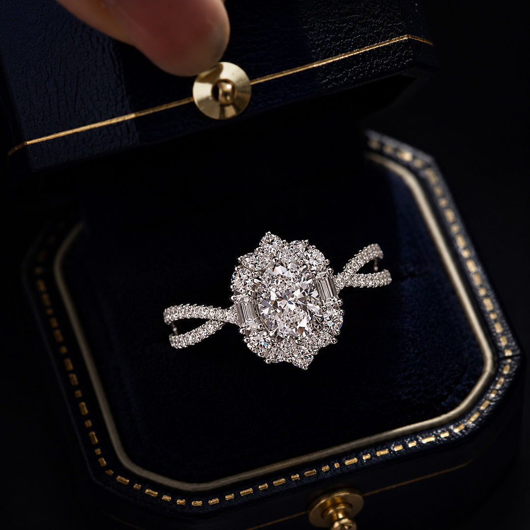 Oval Cut Diamond Halo Engagement Ring Twisted Pave Band Wedding Ring For Women