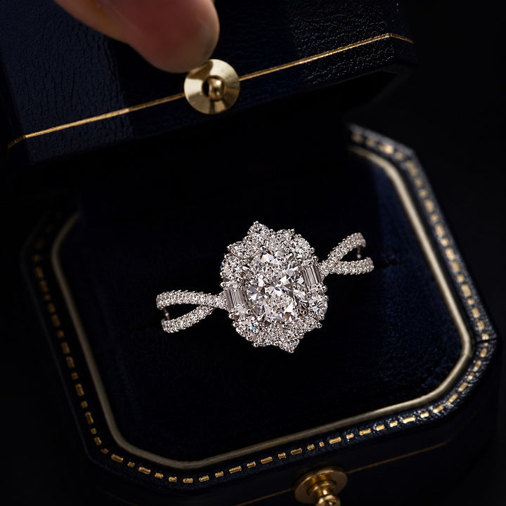 Oval Cut Diamond Halo Engagement Ring Twisted Pave Band Wedding Ring For Women