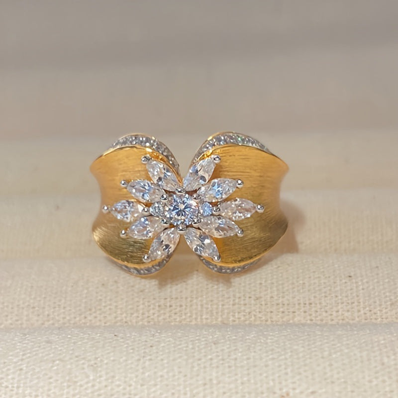 Vintage Textured Engraved Gold Petal Diamond Ring, Luxury Artistic Wide Band Ring For Women