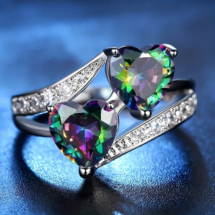 Women’s Ring With Two‑Heart‑Cut Mystic Gemstones Twisted Shank Paved Diamond Romantic Ring