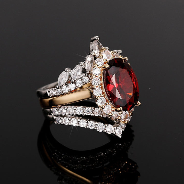 Vintage Oval Gemstone Diamond Three Piece Ring Set Two Tone Stackable Womens Rings