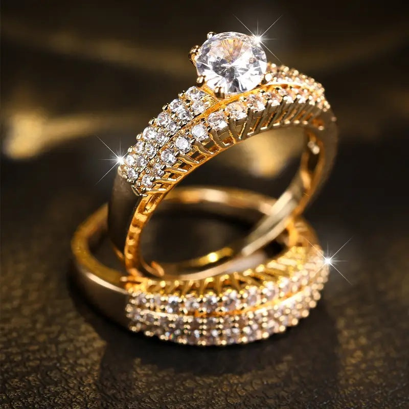 Two Piece Bridal Ring Set Women Solitaire Engagement Band Gold Diamond Wedding Set