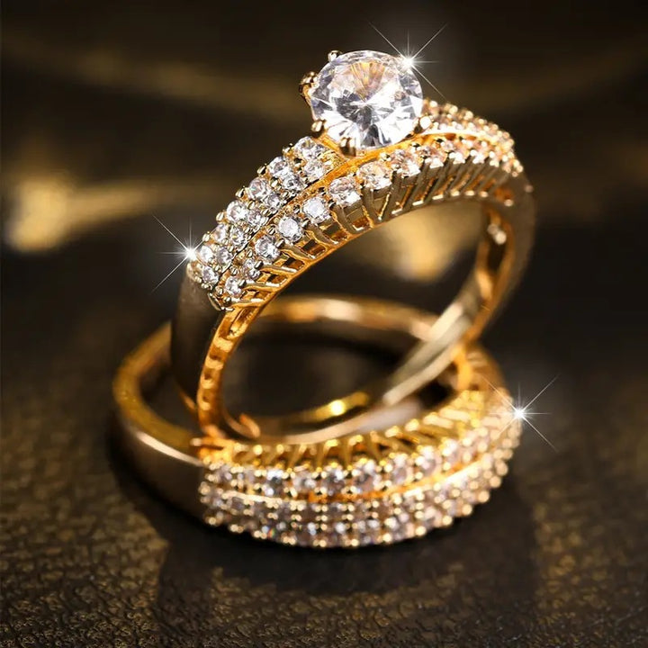 Two Piece Bridal Ring Set Women Solitaire Engagement Band Gold Diamond Wedding Set
