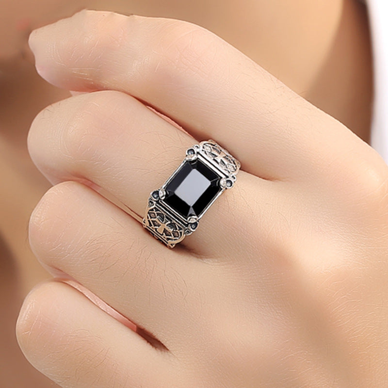 Vintage Rectangle Obsidian Solid Sterling Silver Adjustable Open Ring Men Retro Hollow Cross Carved Statement Ring