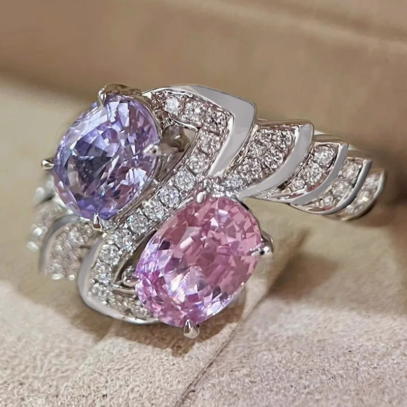 Pink Purple Two Stone Crossover Ring Women Oval Diamond Toi Et Moi Vintage Statement Ring