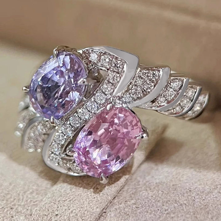 Pink Purple Two Stone Crossover Ring Women Oval Diamond Toi Et Moi Vintage Statement Ring