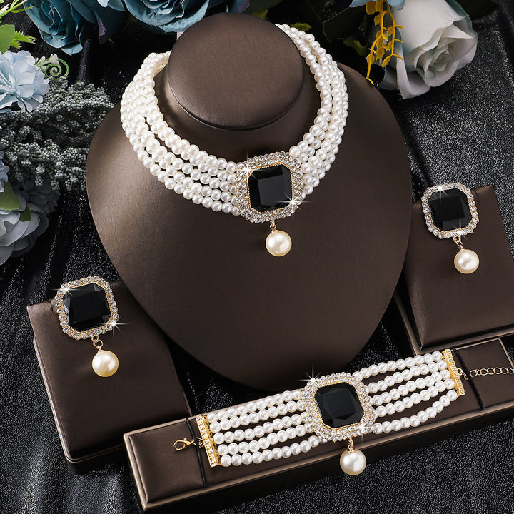 14K Gold Pearl Diamond Jewelry Set Multi‑Layer Pearl Choker Earrings Bracelet Three‑Piece Luxurious Colored Gemstone Ornaments
