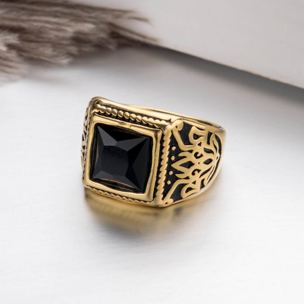 Vintage Carved Square Obsidian Wide Band Ring Men Antique Pattern Signet Ring