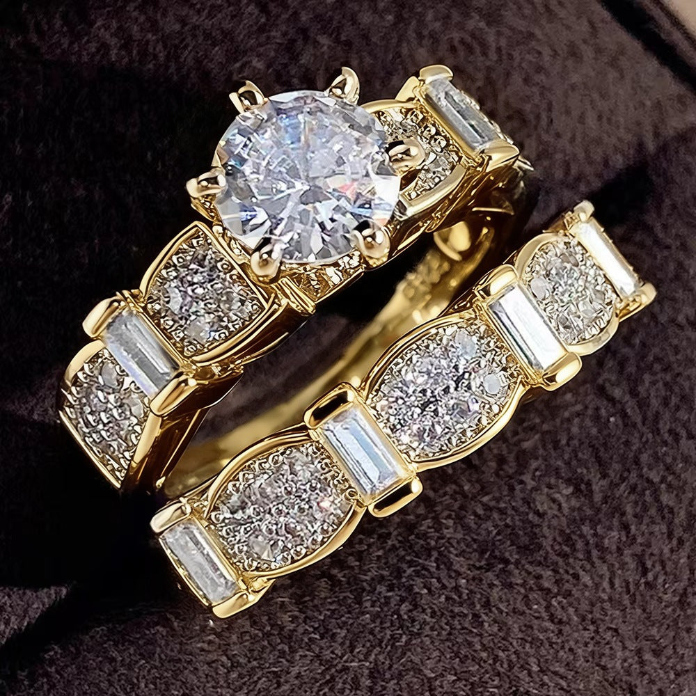 Two‑Piece Stackable Ring Set, Round‑Cut Center Diamond With Paved & Baguette‑Cut Accent Diamonds