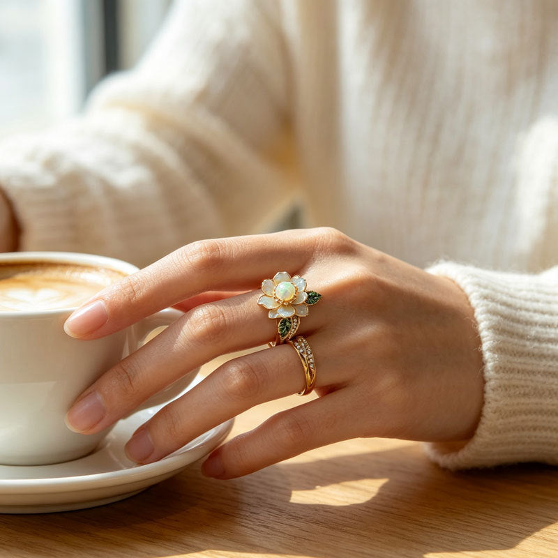 Opal Flower Ring Women Mother of Pearl Petal Emerald Leaf Gold Nature Bloom Cocktail Ring