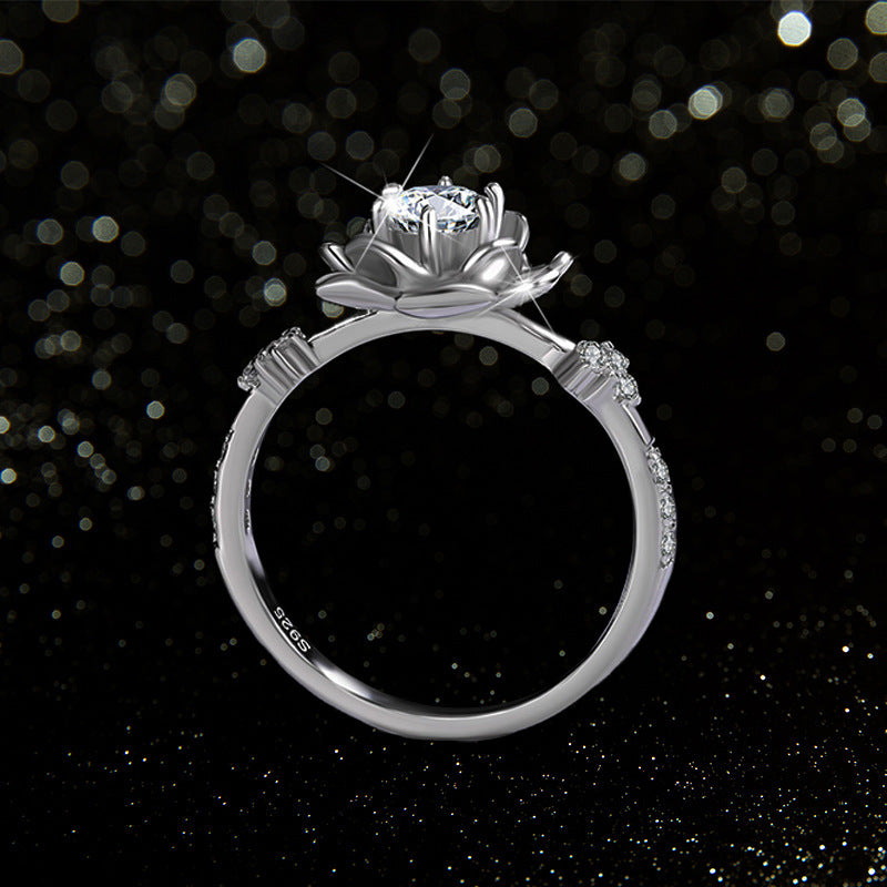Flower Shape Diamond Ring Two Tone Pure Silver Statement Ring Elegant Floral Wedding Engagement Promise Ring For Women