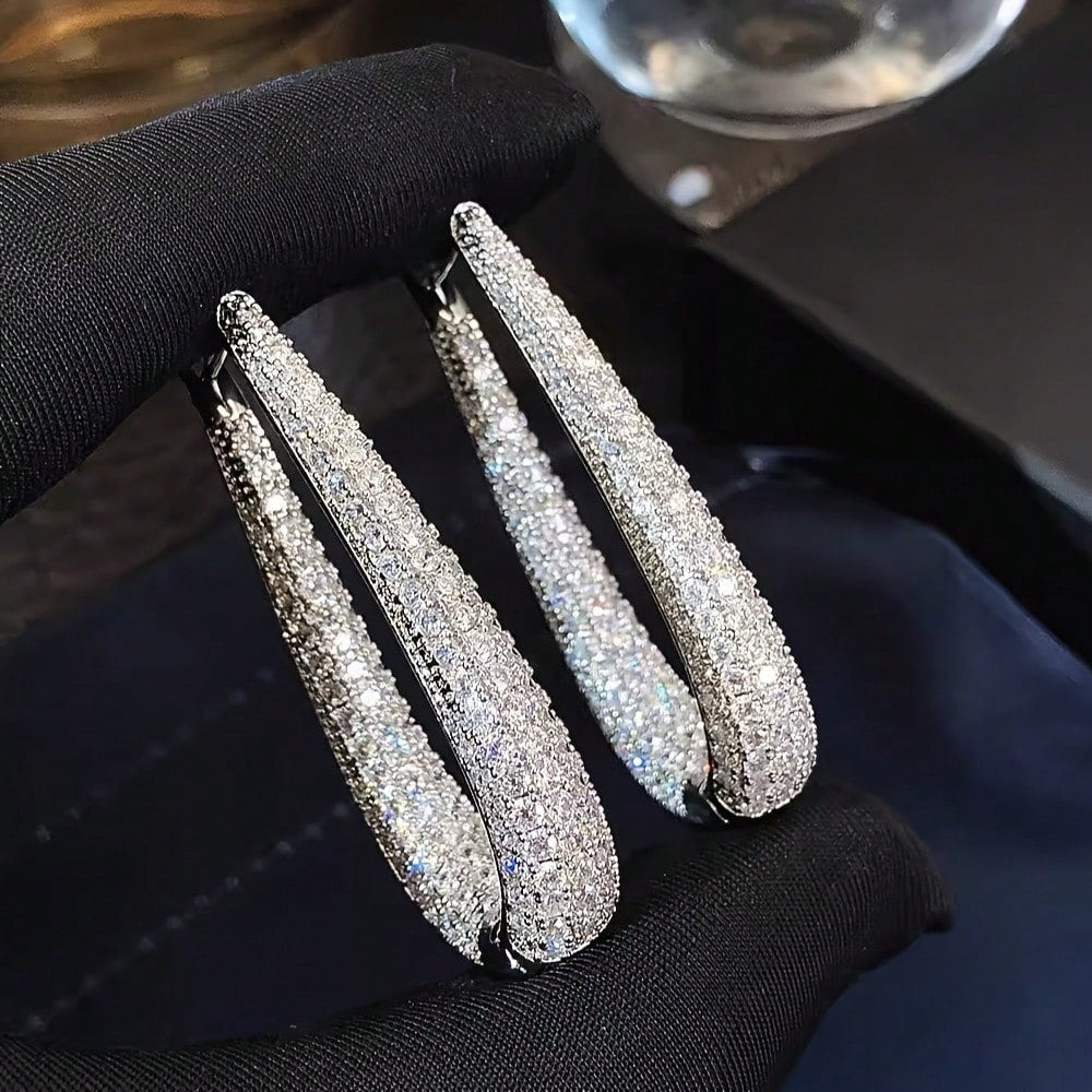 Pave Diamond V Shape Hoop Earrings Women Teardrop Huggie Earrings Silver Tone Wedding Party Jewelry