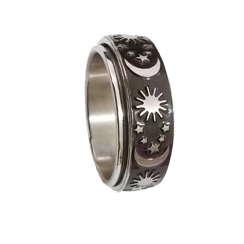 Sun Moon Star Rotatable Fidget Spinner Ring Titanium Steel Anxiety Band Ring With Ring Box