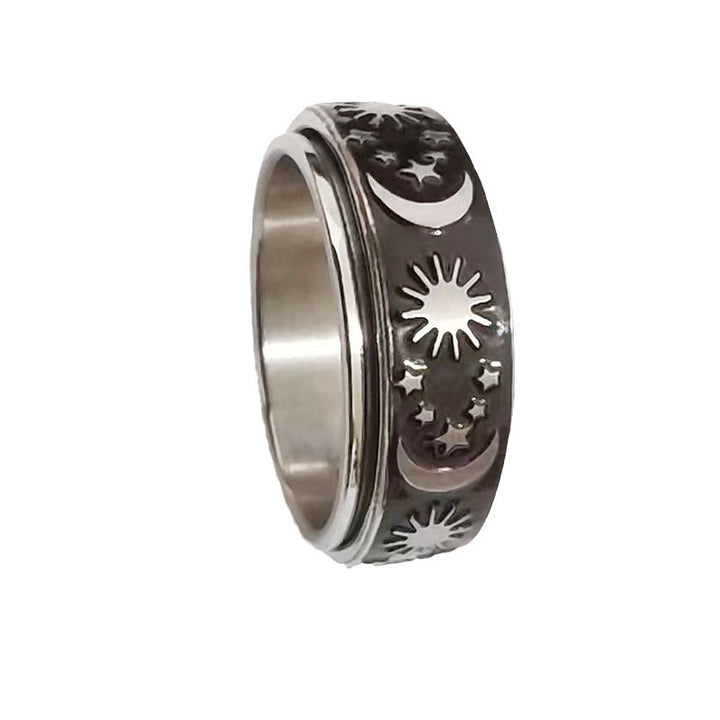 Sun Moon Star Rotatable Fidget Spinner Ring Titanium Steel Anxiety Band Ring With Ring Box