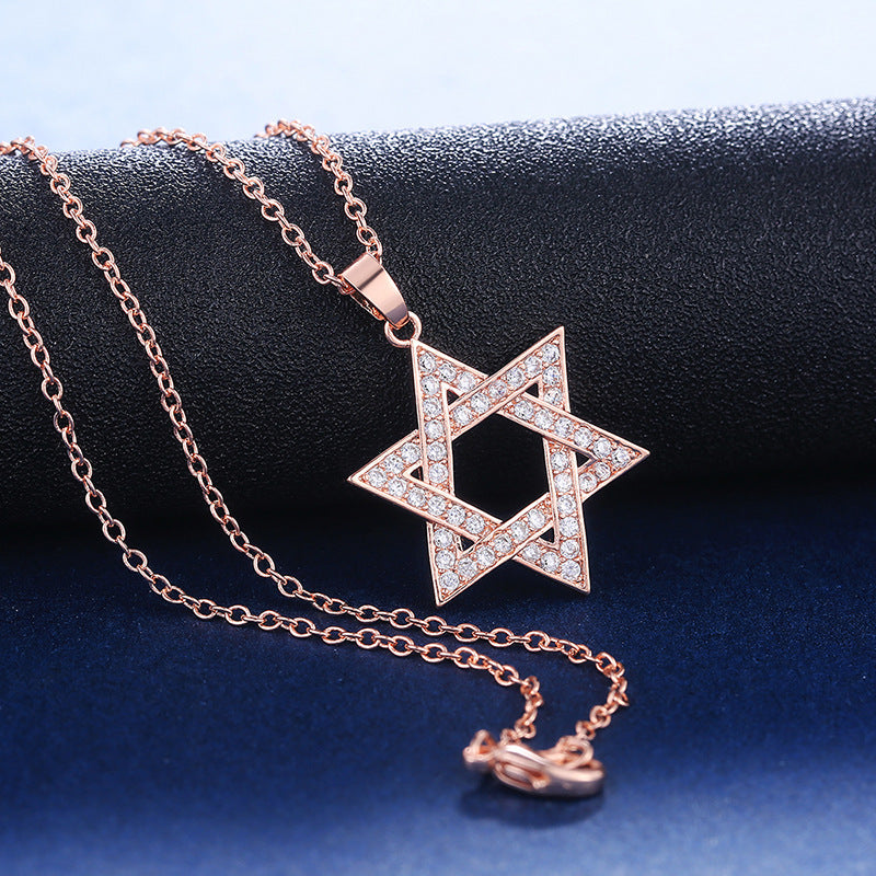 Hexagram Full Diamond Necklace, Rose Gold Star of David Luxury Women Choker