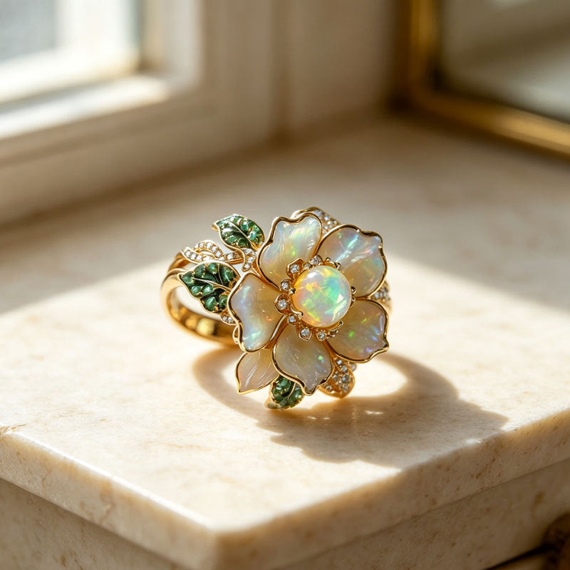 Opal Flower Ring Women Mother of Pearl Petal Emerald Leaf Gold Nature Bloom Cocktail Ring