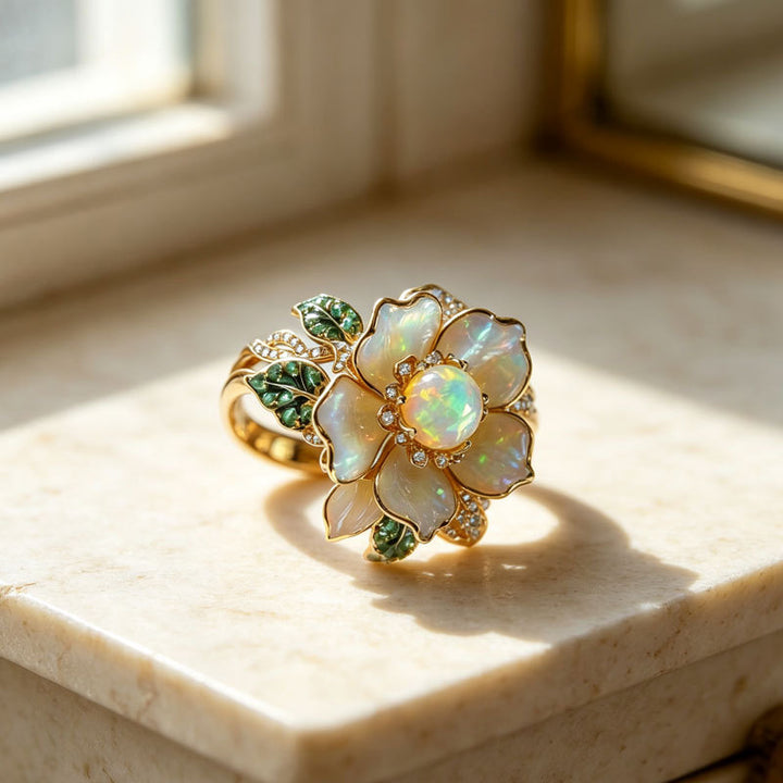 Opal Flower Ring Women Mother of Pearl Petal Emerald Leaf Gold Nature Bloom Cocktail Ring