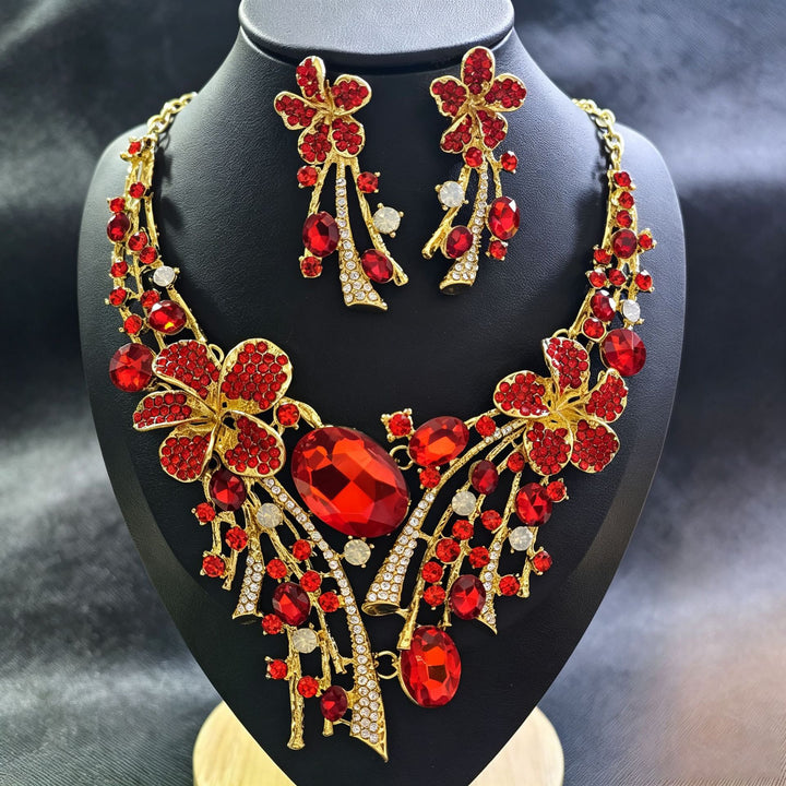 Ruby Flower Jewelry Set Women Necklace Earrings Gold Red Diamond Luxury Bridal Gift