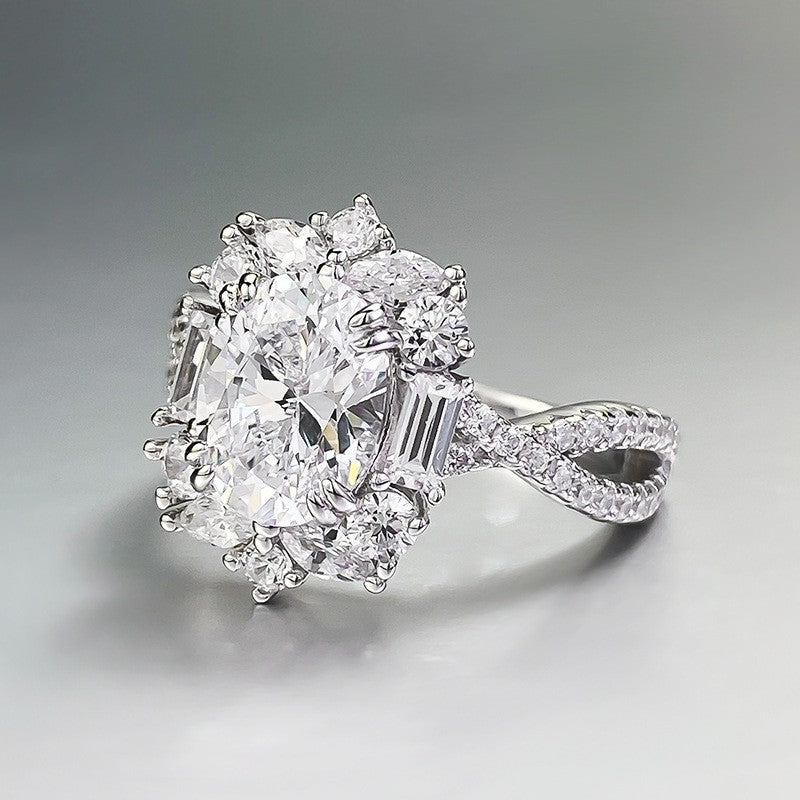 Oval Cut Center Diamond Sterling Silver Halo Ring, Twisted Split Shank Engagement Ring