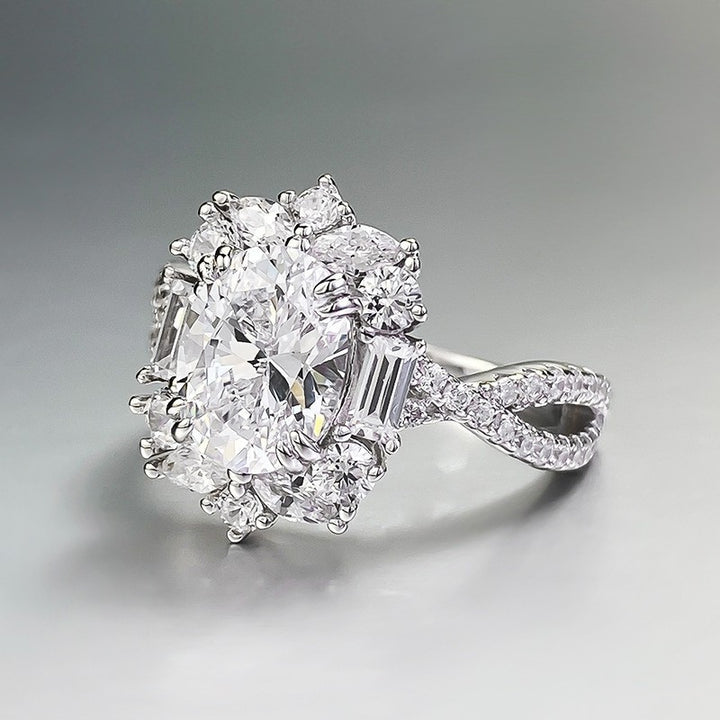Oval Cut Center Diamond Sterling Silver Halo Ring, Twisted Split Shank Engagement Ring