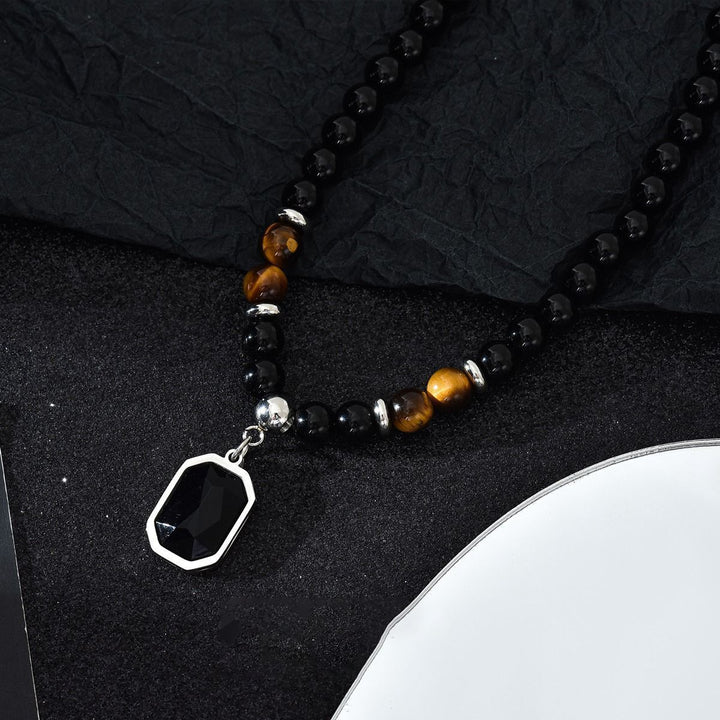 Obsidian & Tiger‑Eye Beaded Necklace Vintage Men’s Geometric Pendant Chain