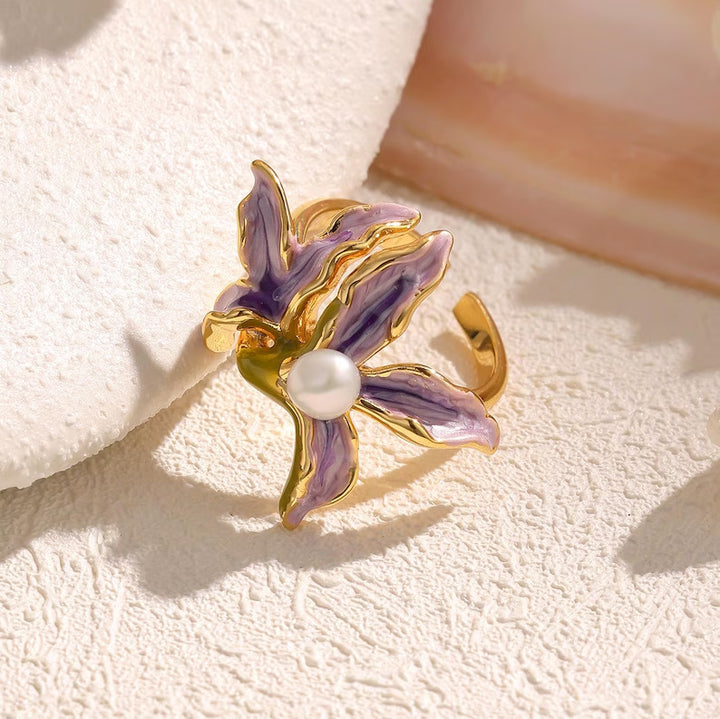 Purple Orchid Flower Ring Women Enamel Pearl Adjustable Open Gold Floral Ring