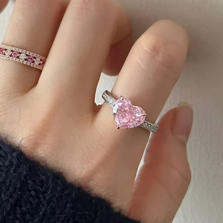 Heart Pink Diamond Paved Thin Ring Elegant Womens Diamond Band