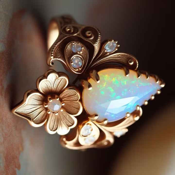 Pear Opal Vintage Floral Ring Women Art Nouveau Rose Gold Leaf Carving Cocktail Ring
