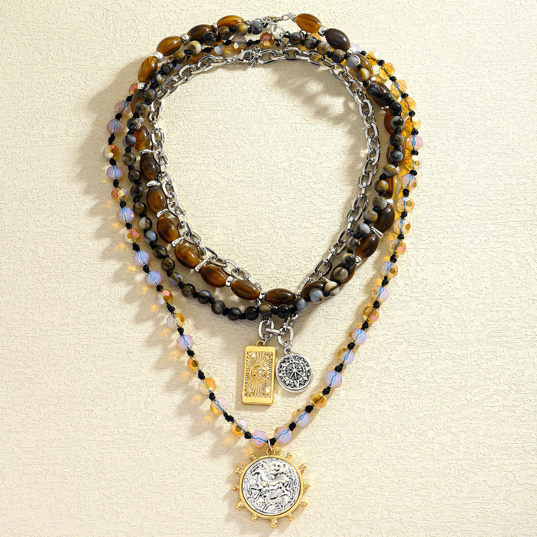 Layered Boho Coin Pendant Necklace Women Tiger Eye Crystal Silver Multistrand Jewelry Gift